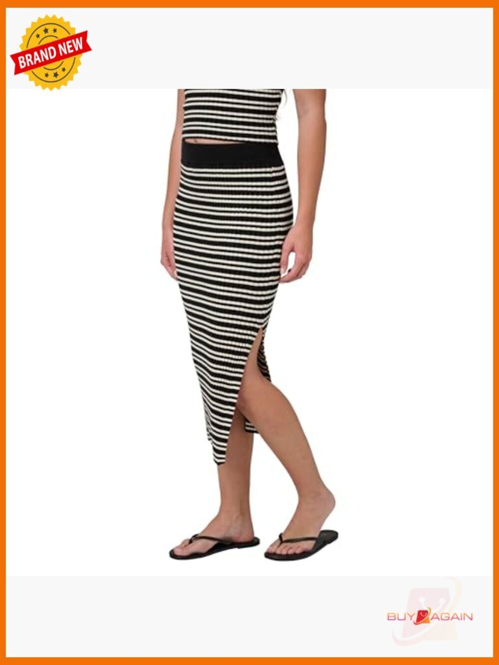 Ribbed Stripe Midi Sweater Skirt Pull On Mid Rise - Picture 2 of 6